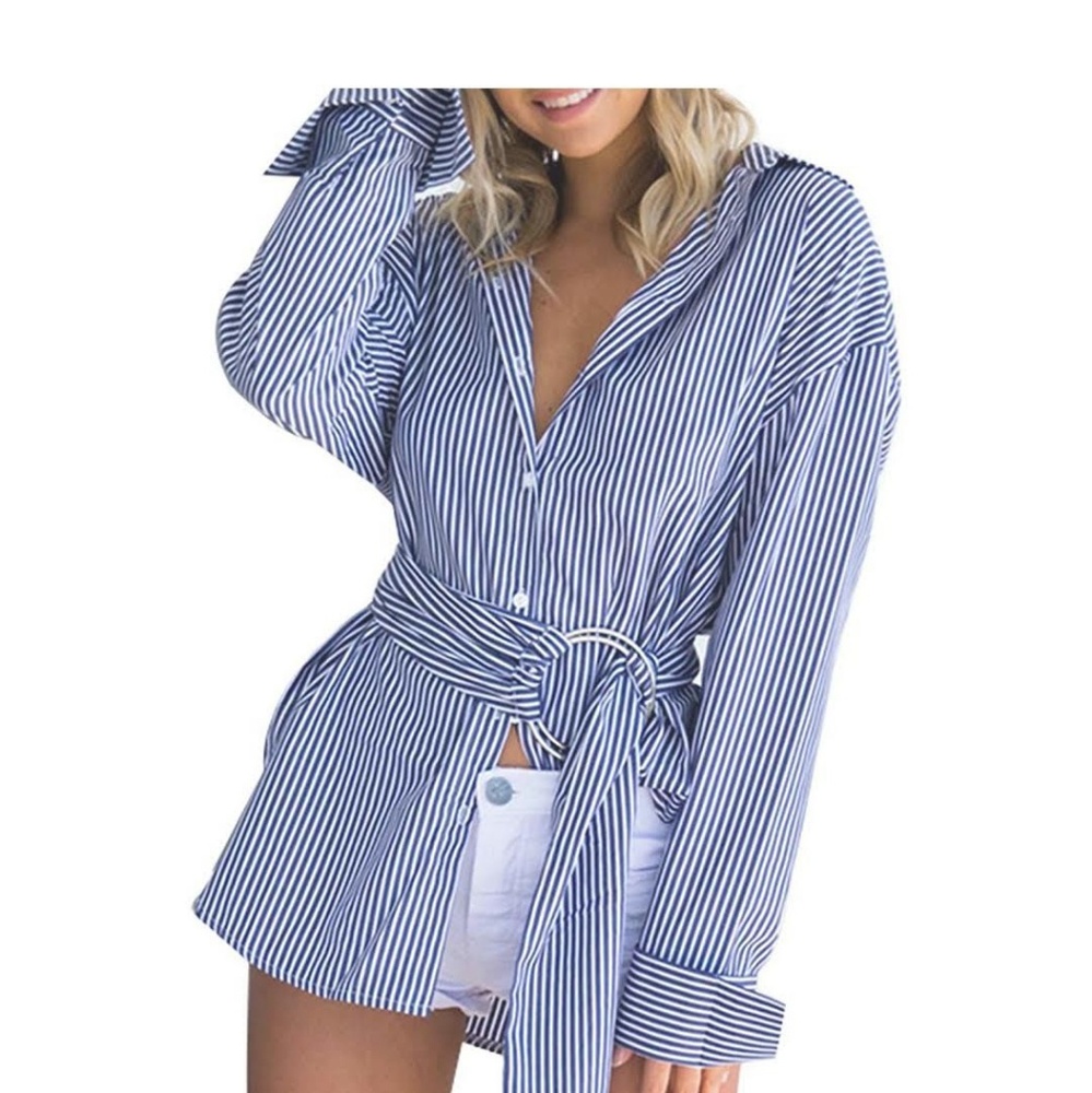 RIMINI Striped Boyfriend Button Down Belted Top - Picture 3 of 5